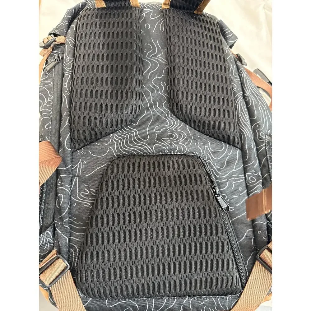 KAVU Camp Sherman Backpack Topo Print Black Gray Brown Hiking Travel Outdoor